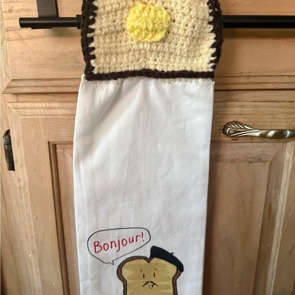 Handmade Crochet Bread & Butter Hanging Kitchen Towel - French Toast "Bonjour" - Picture 2 of 6